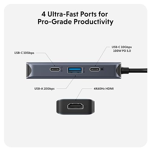 HyperDrive Next 4 Port USB-C Hub, Portable Travel Essentials and Connectivity Solution for Creators, Video Editors, Photographers, and More