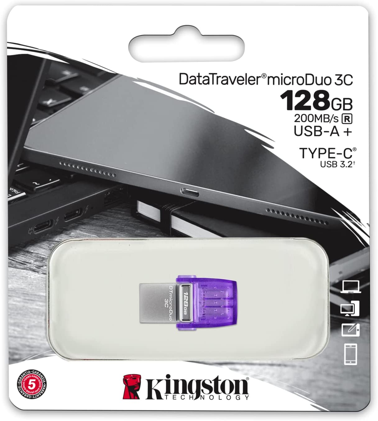 Kingston DataTraveler microDuo 3C 128GB USB-C &amp; USB-A Flash Drive | Speeds up to 200 MB/s | USB 3.2 Gen 1 | Duo Connector | DTDUO3CG3/128GB