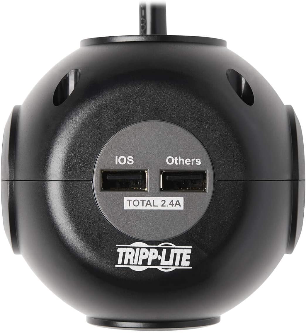 Tripp Lite Surge Protector 3-Outlet Spherical Surge Protector, 4 USB Ports (4.8A Shared) - 6-ft. (1.83 m) Cord, 5-15P Plug, 540 Joules, Black (TLP36USB)