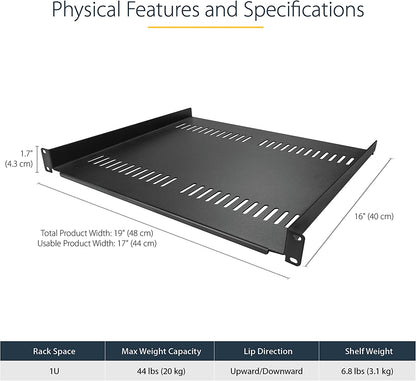 StarTech.com 1U Server Rack Shelf - Universal Vented Rack Mount Cantilever Tray for 19" Network Equipment Rack &amp; Cabinet - Heavy Duty Steel - Weight Capacity 44lb/20kg - 16" Deep Shelf (CABSHELF116V) 1U 16" Depth Rack Shelf