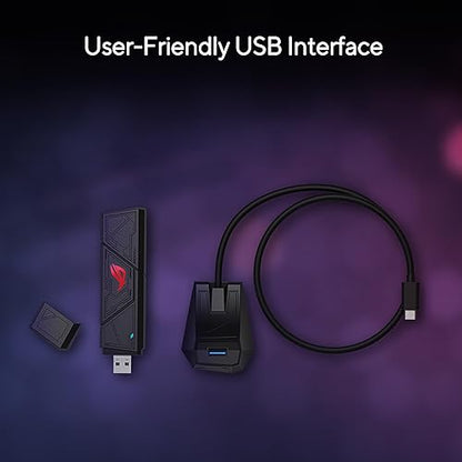 ASUS ROG USB-BE92 Tri-Band BE6500 WiFi 7 USB Adapter, 6GHz Band, Support 4096-QAM, Multi-Link Operation (MLO), Compatible with Type A and C, WPA3 Network Security