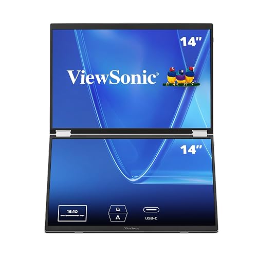 ViewSonic VG1457 Dual Screen 14 Inch 1200p Portable Monitor, Foldable IPS for Comfortable Mobile Workspaces, G-Sensor for Automatic Screen Rotation, 65W USB-C Power Delivery, and Dual USB-C Inputs