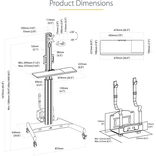 StarTech.com Mobile Workstation Cart with Monitor Mount, CPU/PC Holder, Keyboard Tray - Ergonomic Height Adjustable Desktop Computer Cart - Rolling Mobile Standing Workstation on Wheels (WKSTNCART)