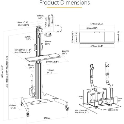 StarTech.com Mobile Workstation Cart with Monitor Mount, CPU/PC Holder, Keyboard Tray - Ergonomic Height Adjustable Desktop Computer Cart - Rolling Mobile Standing Workstation on Wheels (WKSTNCART)
