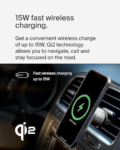 Belkin MagSafe-Compatible Wireless Car Charger 15W, Fast Charging Wireless Charger - Powerful Magnetic Vent Holder for iPhone 17, 16, 15, 14, 13 Series, Pixel 10, Secure Car Phone Mount - White Charging Mount