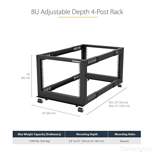 StarTech.com 4-Post 8U Mobile Open Frame Server Rack, 19in Network Rack with Wheels, Small Rolling Rack for Computer/AV/Data/IT Equipment, Casters, Leveling Feet or Floor Mounting (4POSTRACK8U) 8U Rack