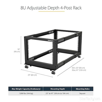 StarTech.com 4-Post 8U Mobile Open Frame Server Rack, 19in Network Rack with Wheels, Small Rolling Rack for Computer/AV/Data/IT Equipment, Casters, Leveling Feet or Floor Mounting (4POSTRACK8U) 8U Rack