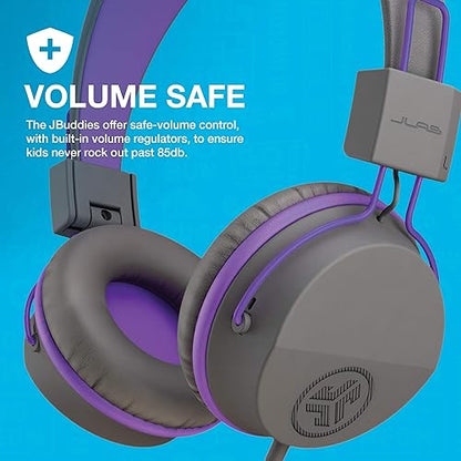 JLab JBuddies Studio On-Ear Kids Wired Headphones, Toddler Headphones, Kid Safe, Studio Volume Safe, Volume Limiter, Folding, Adjustable, Noise Isolation, with Mic (Graphite/Purple) Purple/Gray