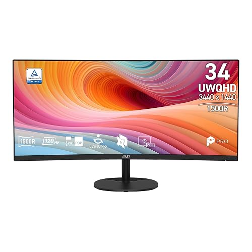 msi PRO MP341CQ E12 34-inch VA 3440 x 1440(UWQHD) Computer Monitor, 120Hz, Adaptive-Sync, HDMI, DisplayPort, VESA Mountable, Speaker, 1ms, Black