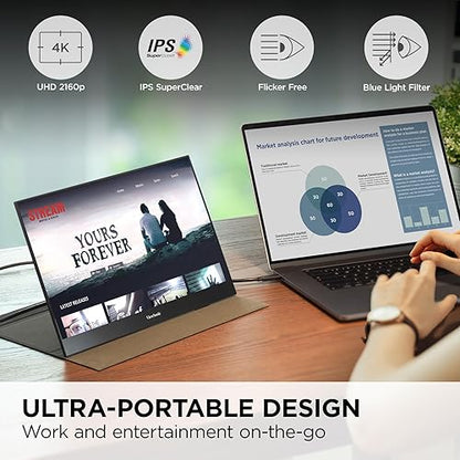 ViewSonic VX1655-4K 15.6 Inch 4K UHD Portable LED IPS Monitor with 2 Way Powered 60W USB C, Mini HDMI, Dual Speakers, and Built-in Stand with Tripod Mount