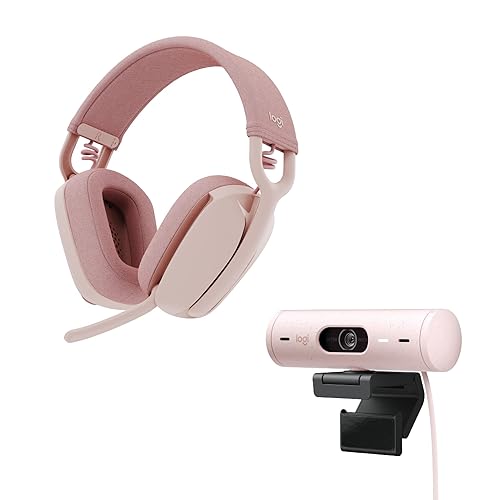 Logitech Brio 500 Full HD Webcam and Zone Vibe 100 Wireless Headphones with Noise-Canceling Mic, Works with Microsoft Teams, Google Meet, Zoom, Mac/PC - Rose Rose Webcam + Headset