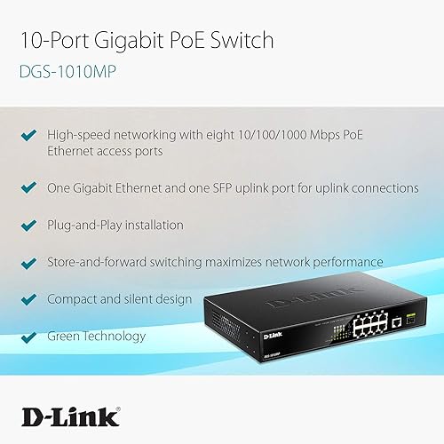 D-Link PoE Switch, 8 10 Port Unmanaged w/ 1 Gigabit Ethernet Port & 1 SFP Uplink Port, 125W PoE Budget Fanless Rackmount Plug N Play (DGS-1010MP), Black 10-Port Gigabit
