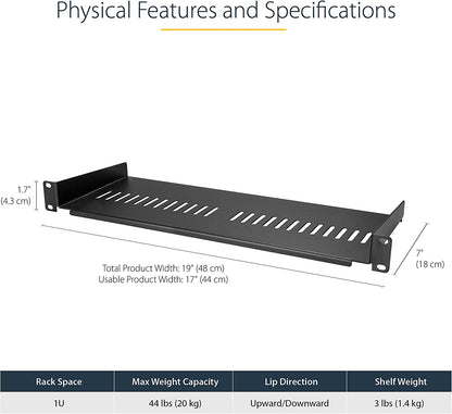 StarTech.com 1U Server Rack Shelf - Universal Vented Rack Mount Cantilever Tray for 19" Network Equipment Rack &amp; Cabinet - Heavy Duty Steel - Weight Capacity 44lb/20kg - 7" Deep Shelf (CABSHELF1U7V) 1U 7" Depth