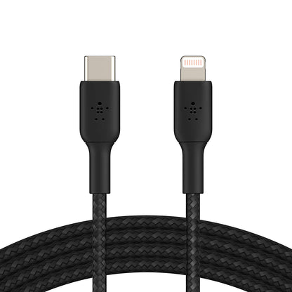 Belkin Braided Lightning Cable 6.5ft/2m, Black (CAA002bt2MBK) &amp; Braided USB C to Lightning Cable MFi Certified iPhone Fast Charger Type C 6.6FT/2M (Black) Black 6.6 FT Braided Cable + USB C Lightning Cable