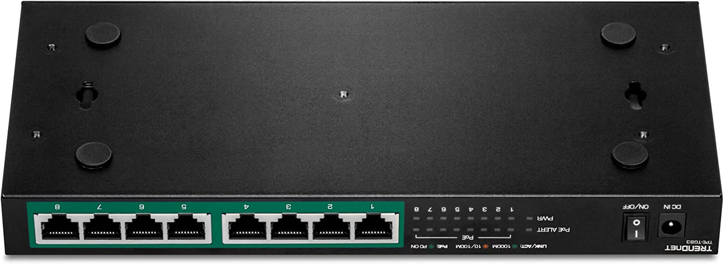 TRENDnet 8-Port Gigabit PoE+ Switch, 65W PoE Power Budget, 16Gbps Switching Capacity, IEEE 802.1p QoS, DSCP Pass-Through Support, Fanless, Wall Mountable, Lifetime Protection, Black, TPE-TG83 65W 8-Port