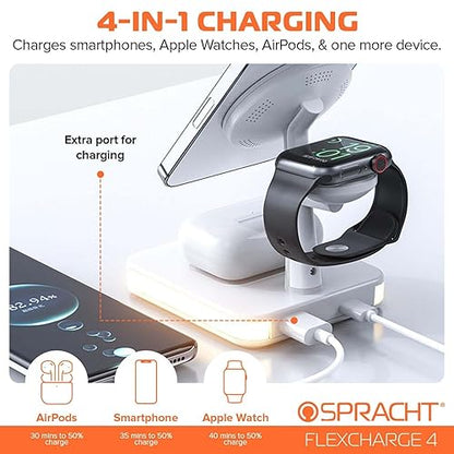 Spracht Flex Charge 4, 4-in-1 Wireless Charging Stand | 25W Fast Charger, Magnetic Connection -Works for Smartphone, Watch, Ear Buds, Qi-Enabled Devices | Nightlight, Magnetic Charging Stand (White)