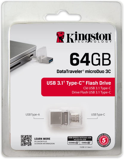 Kingston Digital 64GB Data Traveler Micro Duo USB 3C Flash Drive (DTDUO3C/64GB)