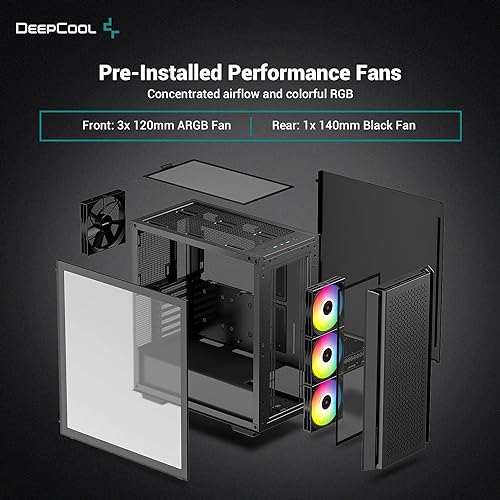 DeepCool CG560 Mid-Tower ATX Case, Mesh Front Panel for High Airflow, Three Pre-Installed 120mm ARGB Fans, 140mm Rear Black Fan, Tempered Glass, Black