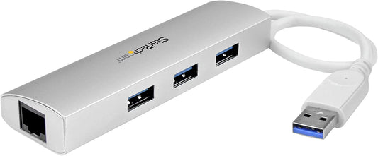 StarTech.com 3-Port USB 3.0 Hub with Gigabit Ethernet - Up to 5Gbps - Portable USB Port Expander with Built-in Cable (ST3300G3UA) Silver w/ 3 USB Ports
