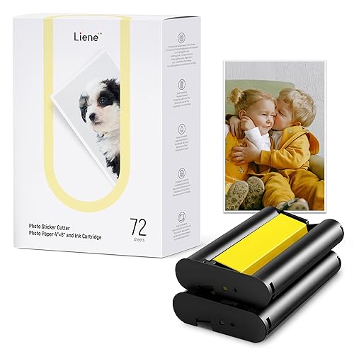 Liene Photo Paper & Cartridge, 2 Ink Cartridge Refill & 72 sheets photo papers, 4x6", Dye Sublimation, Water & Oxidation-Proof, Compatible w/Liene PixCut S1 Photo Sticker Printer and Cutter