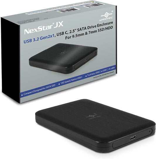 Vantec NexStar JX Series, USB 3.2 Gen2x1 (10Gbps), USB C, 2.5" SATA Drive Enclosure for 9.5mm &amp; 7mm SSD/HDD (NST-258S3-BK)