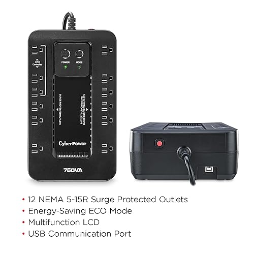 CyberPower EC750GTAA Ecologic Battery Backup & Surge Protector UPS System, 750VA/450W, 12 Outlets, ECO Mode, Compact Uninterruptible Power Supply, TAA Certified