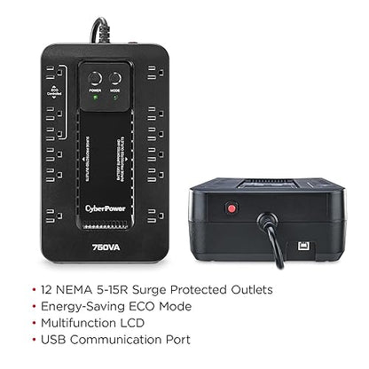 CyberPower EC750GTAA Ecologic Battery Backup & Surge Protector UPS System, 750VA/450W, 12 Outlets, ECO Mode, Compact Uninterruptible Power Supply, TAA Certified