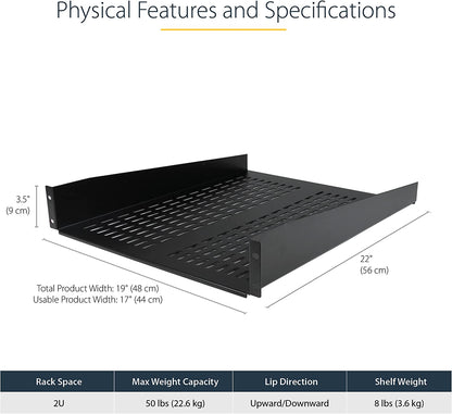 StarTech.com 2U Server Rack Shelf - Universal Vented Rack Mount Cantilever Tray for 19" Network Equipment Rack &amp; Cabinet - Heavy Duty Steel - Weight Capacity 50lb/23kg - 22" Deep Shelf (CABSHELF22V) 2U 22" Depth Rack Shelf