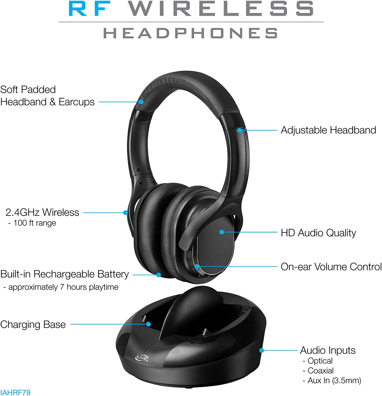 iLive Radio Frequency Wireless Headphones with Transmitter/Charging Dock, Black (IAHRF79B)