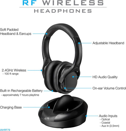 iLive Radio Frequency Wireless Headphones with Transmitter/Charging Dock, Black (IAHRF79B)