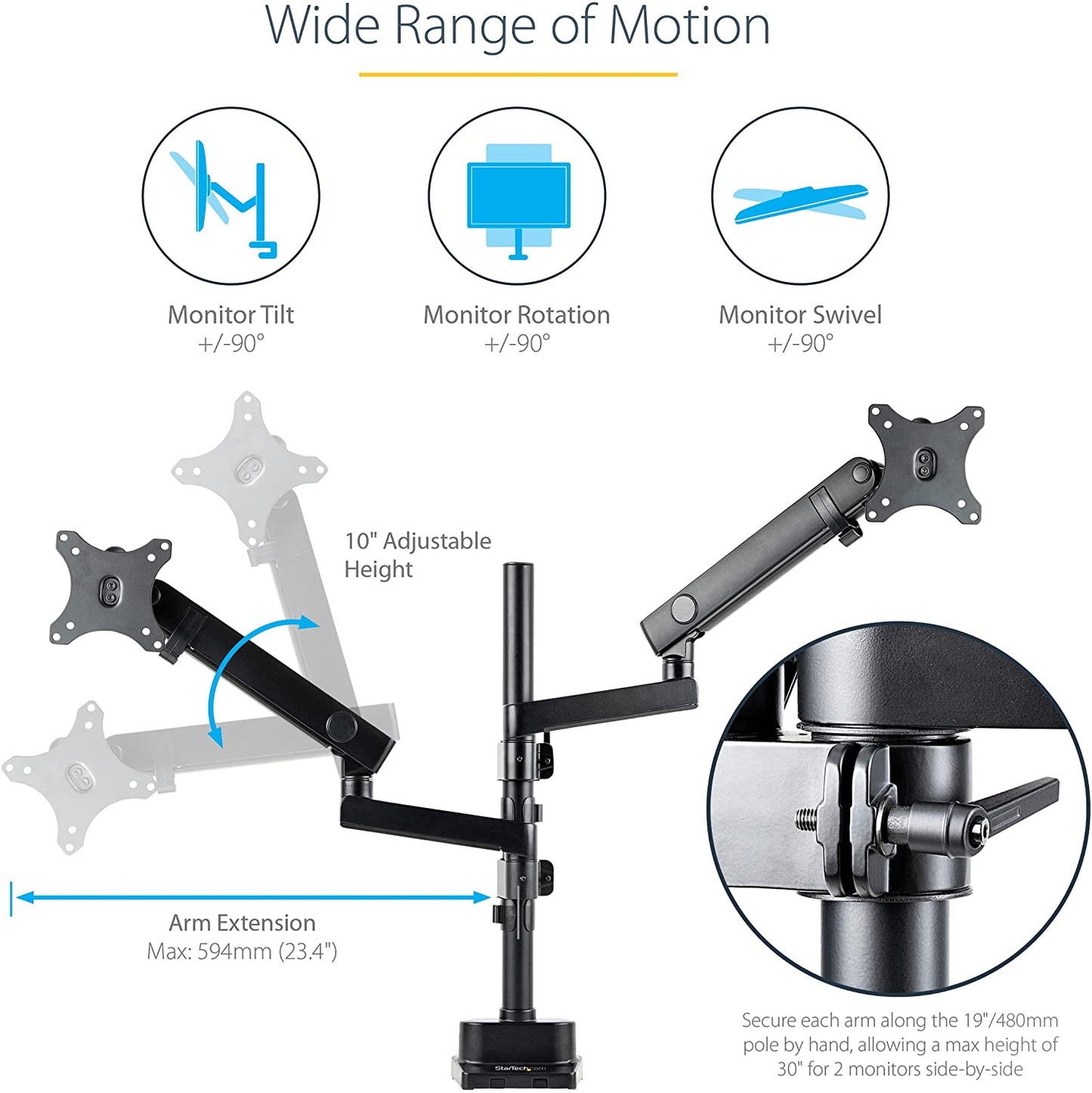 StarTech.com Desk Mount Dual Monitor Arm - Full Motion Monitor Mount for 2x VESA Displays up to 32" (17lb/8kg) - Vertical Stackable Arms - Height Adjustable/Articulating - Clamp/Grommet (ARMDUALPIVOT)