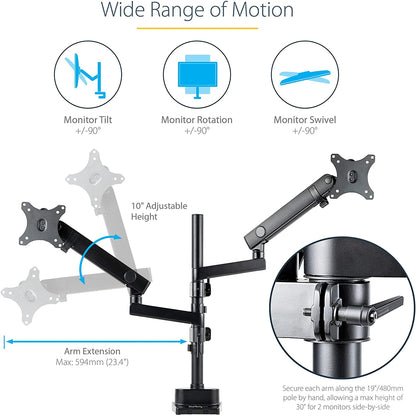 StarTech.com Desk Mount Dual Monitor Arm - Full Motion Monitor Mount for 2x VESA Displays up to 32" (17lb/8kg) - Vertical Stackable Arms - Height Adjustable/Articulating - Clamp/Grommet (ARMDUALPIVOT)