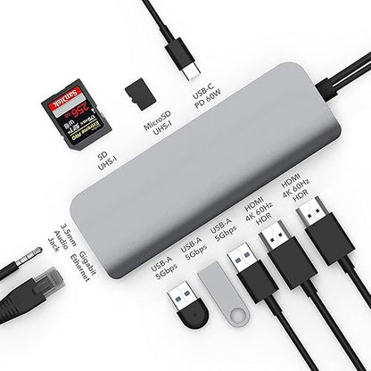 MacBook Pro Docking Station, HyperDrive 10-in-2 USB C Dock, Dual Monitor HDMI 4K@60Hz, 60W USBC Power delivery, Gigabit Ethernet, Dual USB-C Hub Adapter for M1 MacBook Pro Air, Chromebook, Gray
