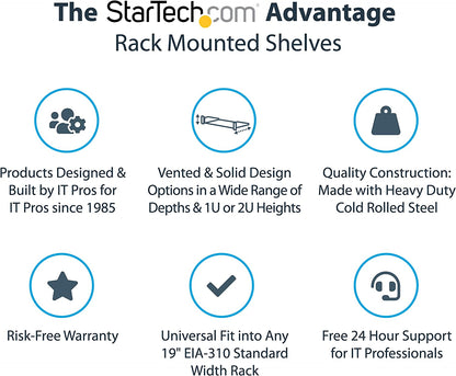 StarTech.com 1U Server Rack Shelf - Universal Vented Rack Mount Cantilever Tray for 19" Network Equipment Rack &amp; Cabinet - Heavy Duty Steel - Weight Capacity 50lb/23kg - 10" Deep, Black (CABSHELFV1U) 1U 10" Depth