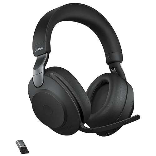Jabra Evolve2 85 MS Wireless Headphones with Link380a, Stereo, Black – Wireless Bluetooth Headset for Calls and Music, 37 Hours of Battery Life, Advanced Noise Cancelling Headphones