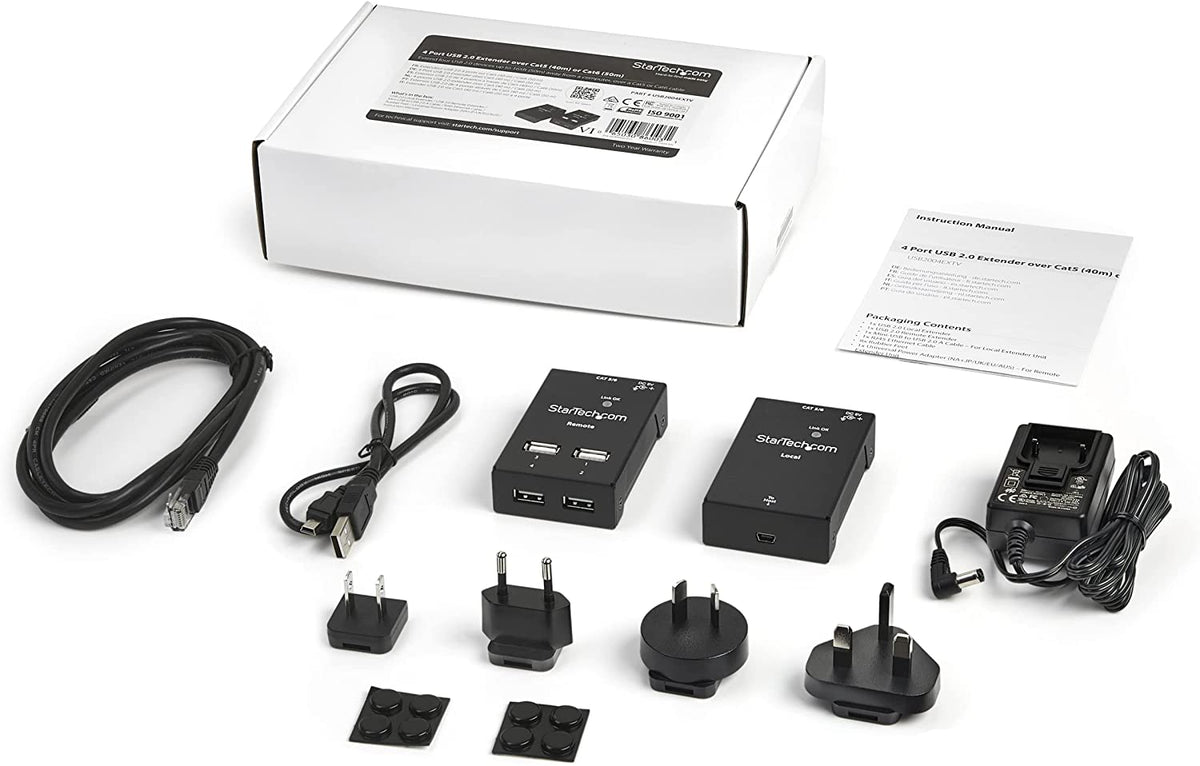 StarTech.com 4-Port USB 2.0 Extender - 165ft (50m) USB Over Cat5/Cat6 Extender - Compact USB 2.0 Over Ethernet Extender (USB2004EXTV) 4 Port (USB 2.0) 130 or 165 ft