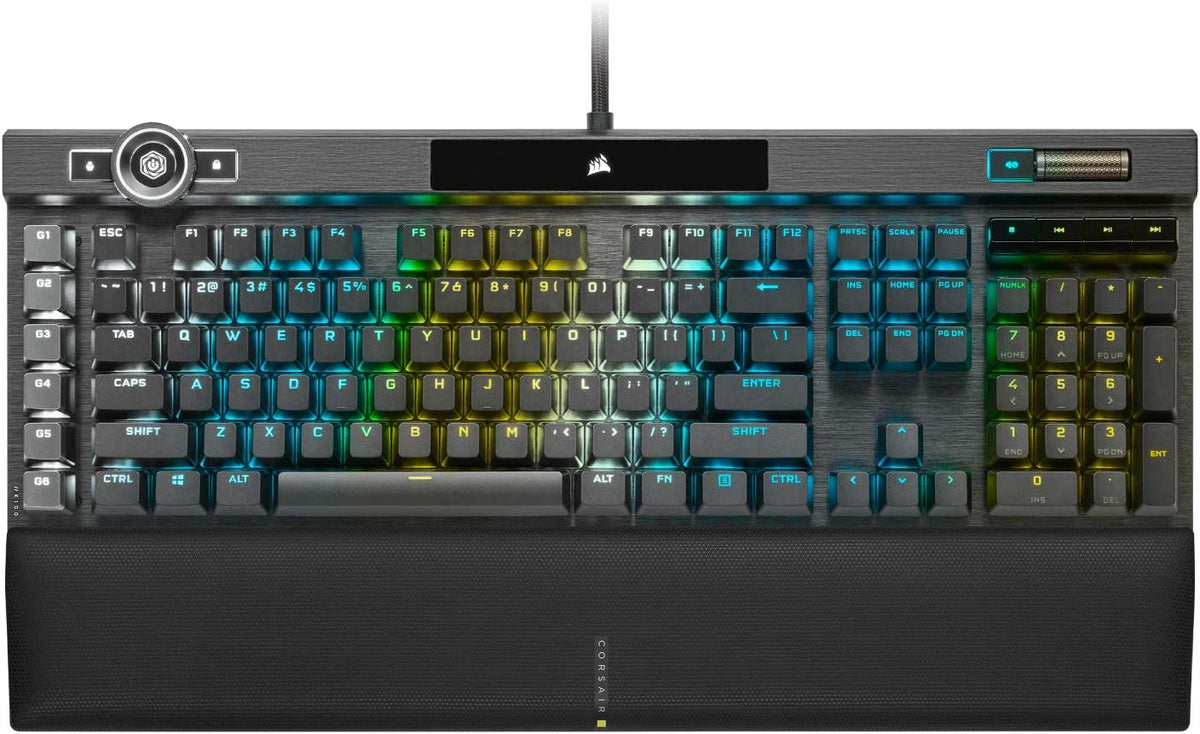 Corsair K100 RGB Optical-Mechanical Gaming Keyboard - Corsair OPX RGB Optical-Mechanical Keyswitches - AXON Hyper-Processing Technology for 4X Faster Throughput - 44-Zone RGB LightEdge Optical Gaming Keyboard