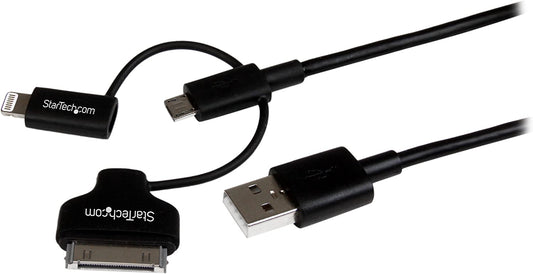 StarTech.com 1m 3 ft Black Apple 8-pin Lightning or 30-pin Dock Connector or Micro USB to USB Cable for iPhone iPod iPad - Charge &amp; Sync (LTADUB1MB)