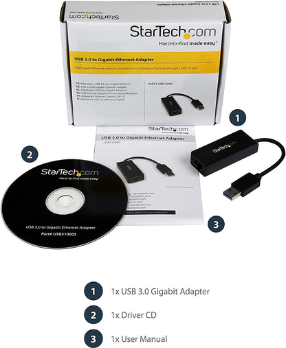 StarTech.com USB 3.0 to Gigabit Ethernet Adapter - 10/100/1000 NIC Network Adapter - USB 3.0 Laptop to RJ45 LAN (USB31000S) Black