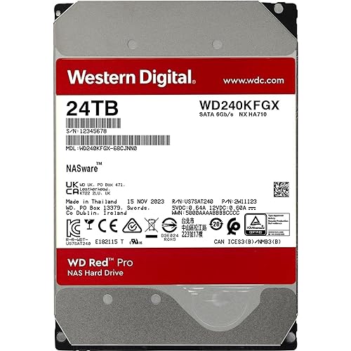 Western Digital 24TB WD Red Pro NAS Internal Hard Drive HDD - 7200 RPM, SATA 6 Gb/s, CMR, 512 MB Cache, 3.5" - WD240KFGX