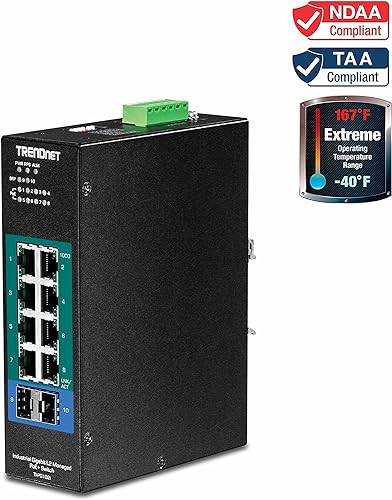 TRENDnet 10-Port Industrial Gigabit L2 Managed PoE+ DIN-Rail Switch, TI-PG102i, 8 x Gigabit PoE+ Ports, DIN-Rail Mount, 2 x SFP Slots, 24 – 57V DC Power Input, IP30, VLAN, QoS, Lifetime Protection Extreme Temperature 10 Port