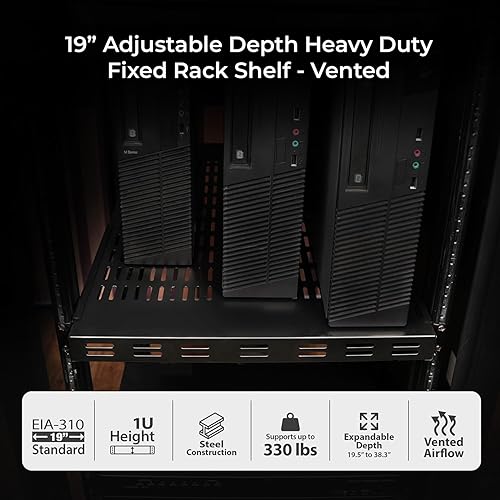 IOGEAR 1U Adjustable Depth Vented Rack Shelf – Heavy Duty Steel, 330 lb Capacity, 19.5–38.3" Depth, 27.5" Shelf, TAA Compliant — GRSH01