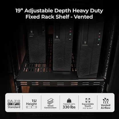 IOGEAR 1U Adjustable Depth Vented Rack Shelf – Heavy Duty Steel, 330 lb Capacity, 19.5–38.3" Depth, 27.5" Shelf, TAA Compliant — GRSH01