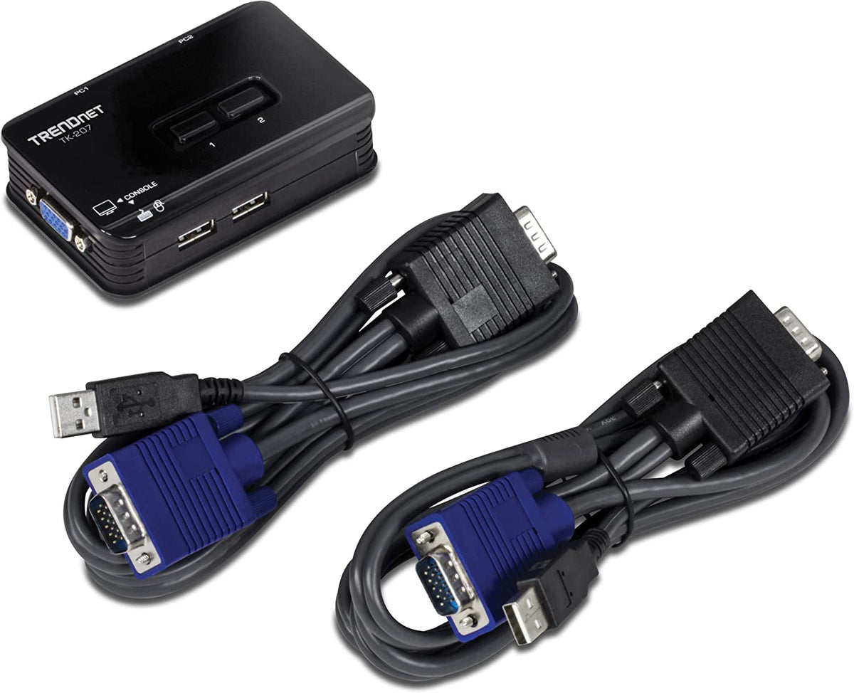 TRENDnet 2-Port USB KVM Switch and Cable Kit, 2048 x 1536 Resolution, Device Monitoring, Auto-Scan, Audible Feedback, USB 1.1, Compliant with Windows and Linux, Hot-Pluggable, White, TK-207K 2 Port USB w/ Cables