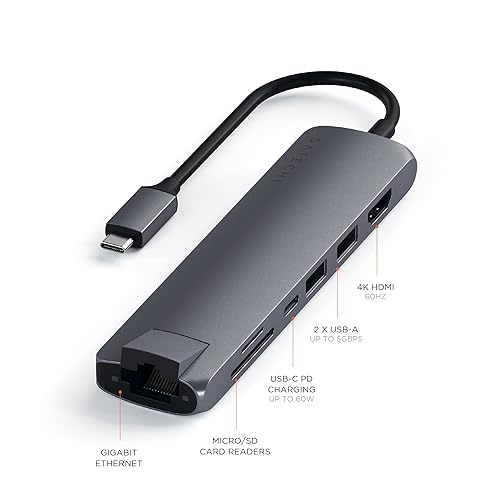 Satechi USB C Slim Multiport Adapter with Ethernet, 4K HDMI, 60W USB C PD Charging, 2 USB-A, SD/Micro Card Readers - for M2/ M1 MacBook Pro/Air, M2/ M1 iPad Pro/Air, M2 Mac Mini, iMac M1 (Space Grey) Space Gray