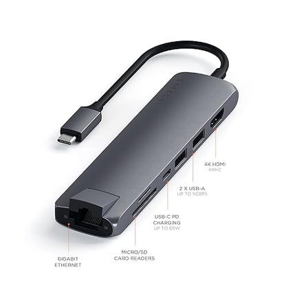 Satechi USB C Slim Multiport Adapter with Ethernet, 4K HDMI, 60W USB C PD Charging, 2 USB-A, SD/Micro Card Readers - for M2/ M1 MacBook Pro/Air, M2/ M1 iPad Pro/Air, M2 Mac Mini, iMac M1 (Space Grey) Space Gray