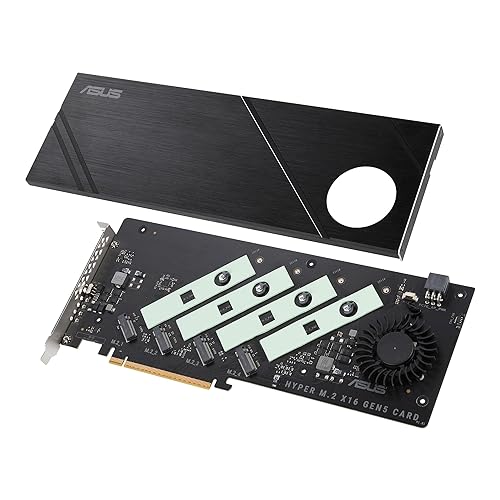 ASUS Hyper M.2 x16 Gen5 Card (PCIe 5.0/4.0) Supports Four NVMe M.2 (2242/2260/2280/22110) Devices up to 512 Gbps for AMD and Intel® Platform RAID Functions.