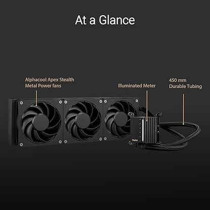 ASUS ProArt LC 360 all-in-one AIO CPU liquid cooler AMD AM4 AM5 & Intel LGA 1700, 1200, 115X support, with illuminated system status meter and three matte black Alphacool Apex Stealth Metal Power fans