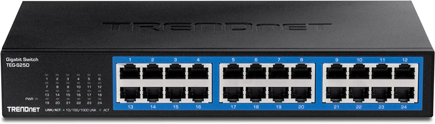 TRENDnet 24-Port Gigabit Desktop Switch, TEG-S25D, 24 x Gigabit RJ-45 Ports, 48Gbps Switching Capacity, Fanless Design, Metal Enclosure, Internal Power Supply, Lifetime Protection, Black