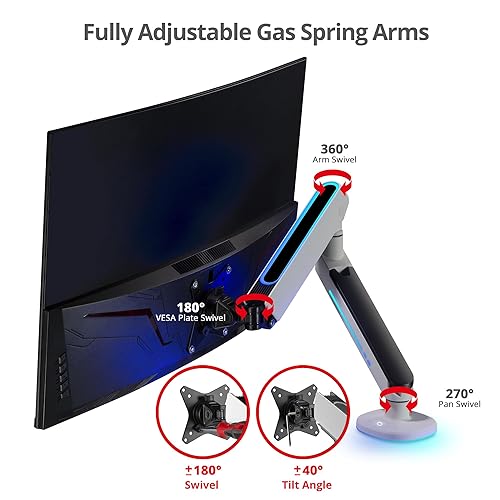 SIIG Single Arm Desk Mount Monitor Stand with Built-in RGB Lights, Premium Gas Spring, VESA 75x75 100x100, for 17” to 34”, Up to 19 lbs, Flat or Curved Screen (CE-MT3J11-S2)